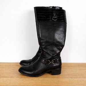 Bandolino Black Leather Knee High Boots Womens 7 Y2K Croc Embossed Riding